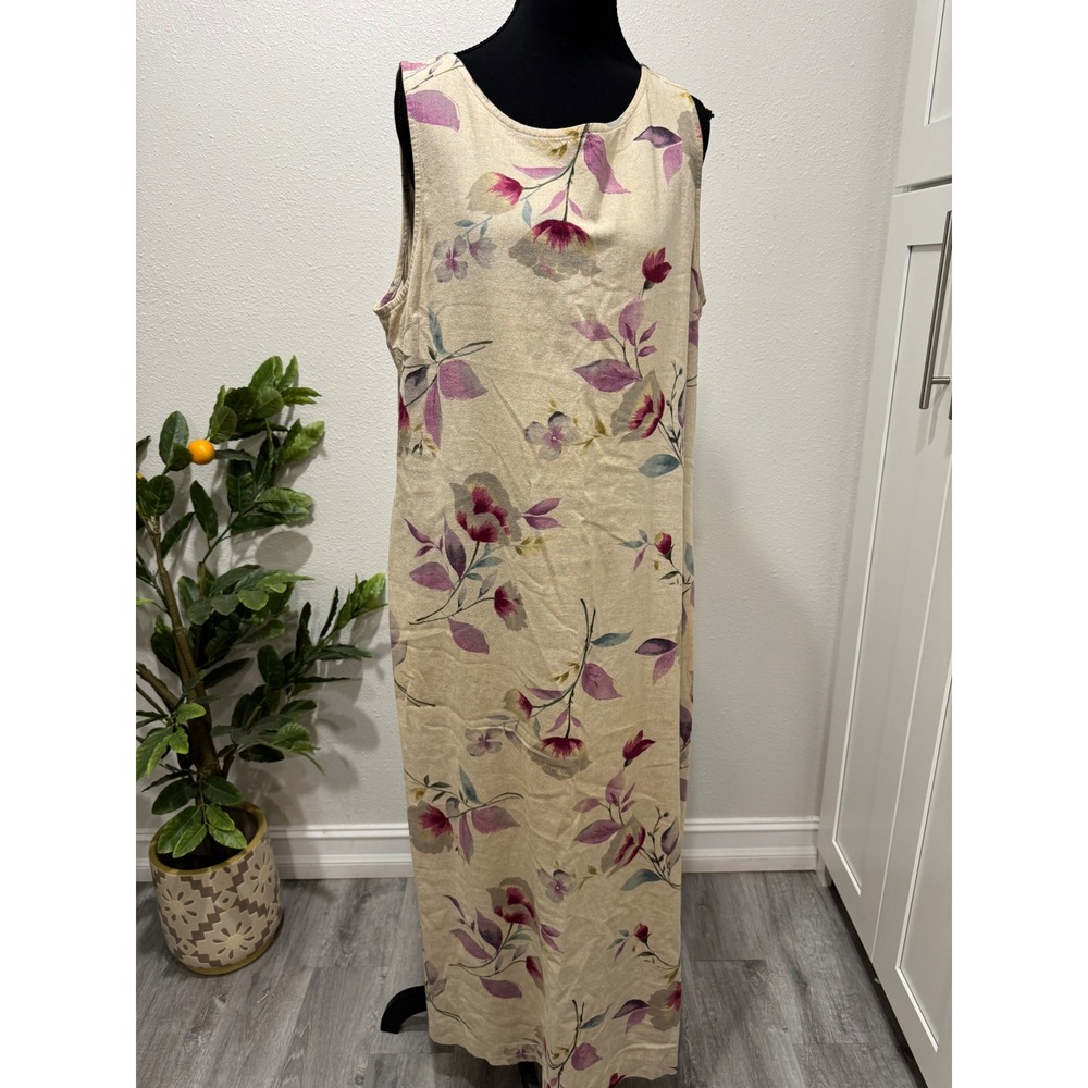 Y2K Casual Corner Annex Linen Rayon Floral Sleeveless Maxi Dress Beige Purple 14